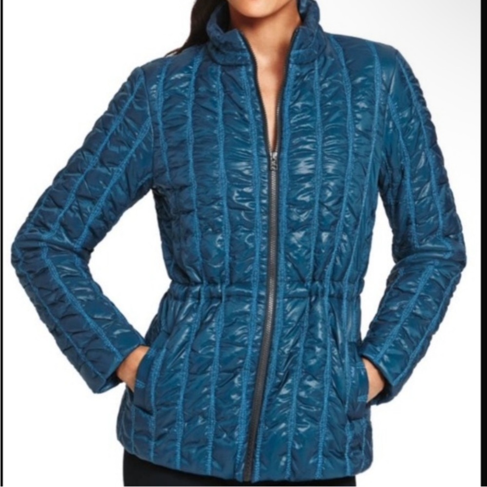 CAbi Teal Blue Quilted Jacket size MEDIUM